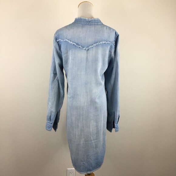 CLOTH & STONE Anthropologie Blue High Low Fringe Hem Chambray Button Shirt Dress - Picture 9 of 16